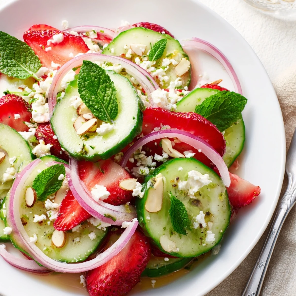 Cucumber Strawberry Salad Recipe with crisp cucumbers, sweet berries, mint aroma for summer.