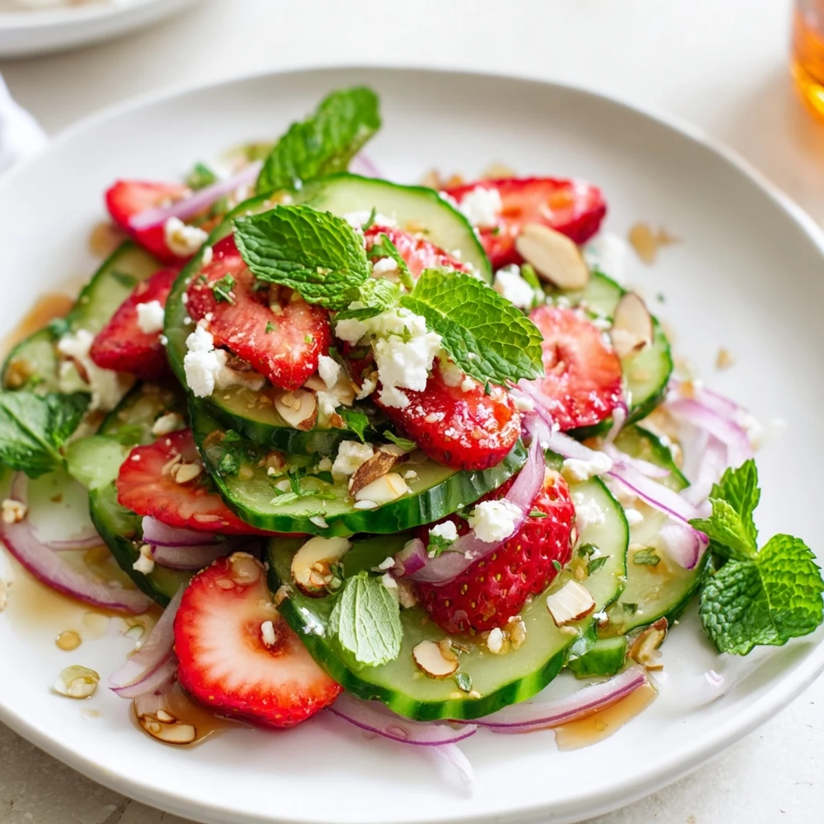 Summer-ready Cucumber Strawberry Salad Recipe showing crunchy slices, juicy strawberries, feta garnish.