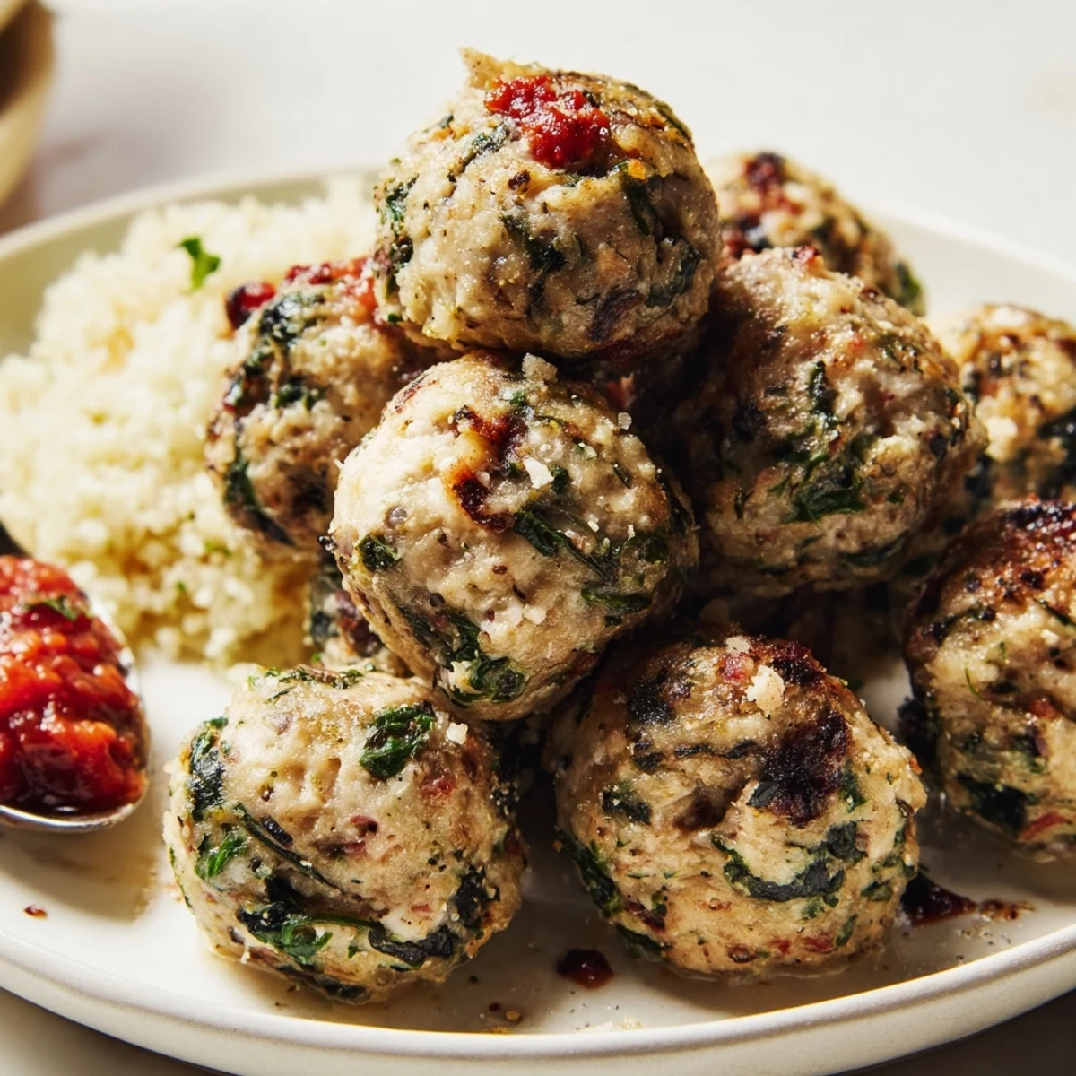 Low Carb Spinach Chicken Meatballs glistening golden, served with cauliflower rice  