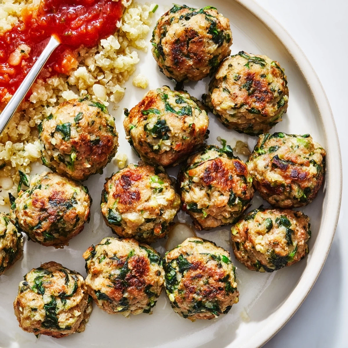 Fresh baked Low Carb Spinach Chicken Meatballs steaming, herbed aroma, perfect salad topper  