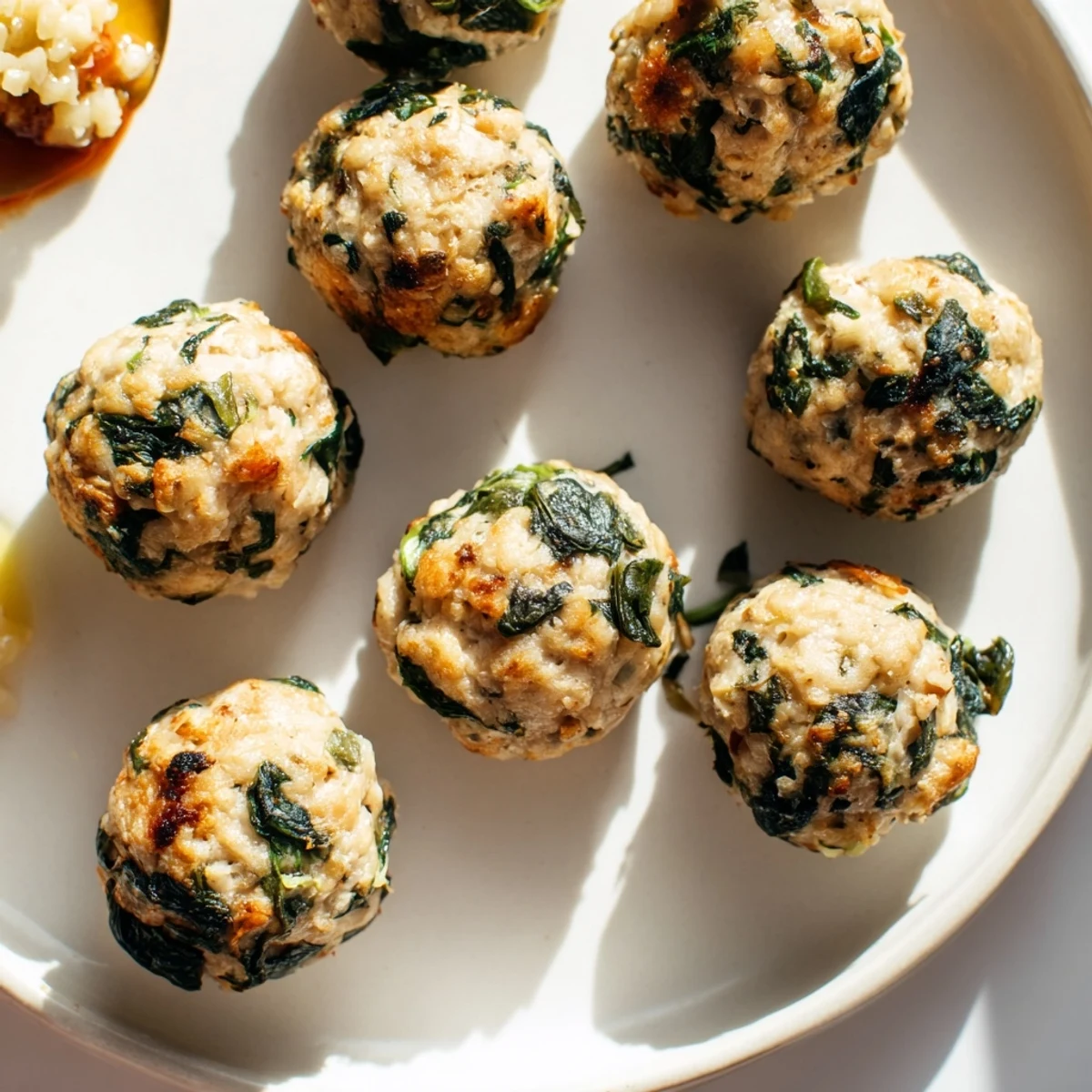 Pan seared Low Carb Spinach Chicken Meatballs browned edges, tender interior, ready with marinara
