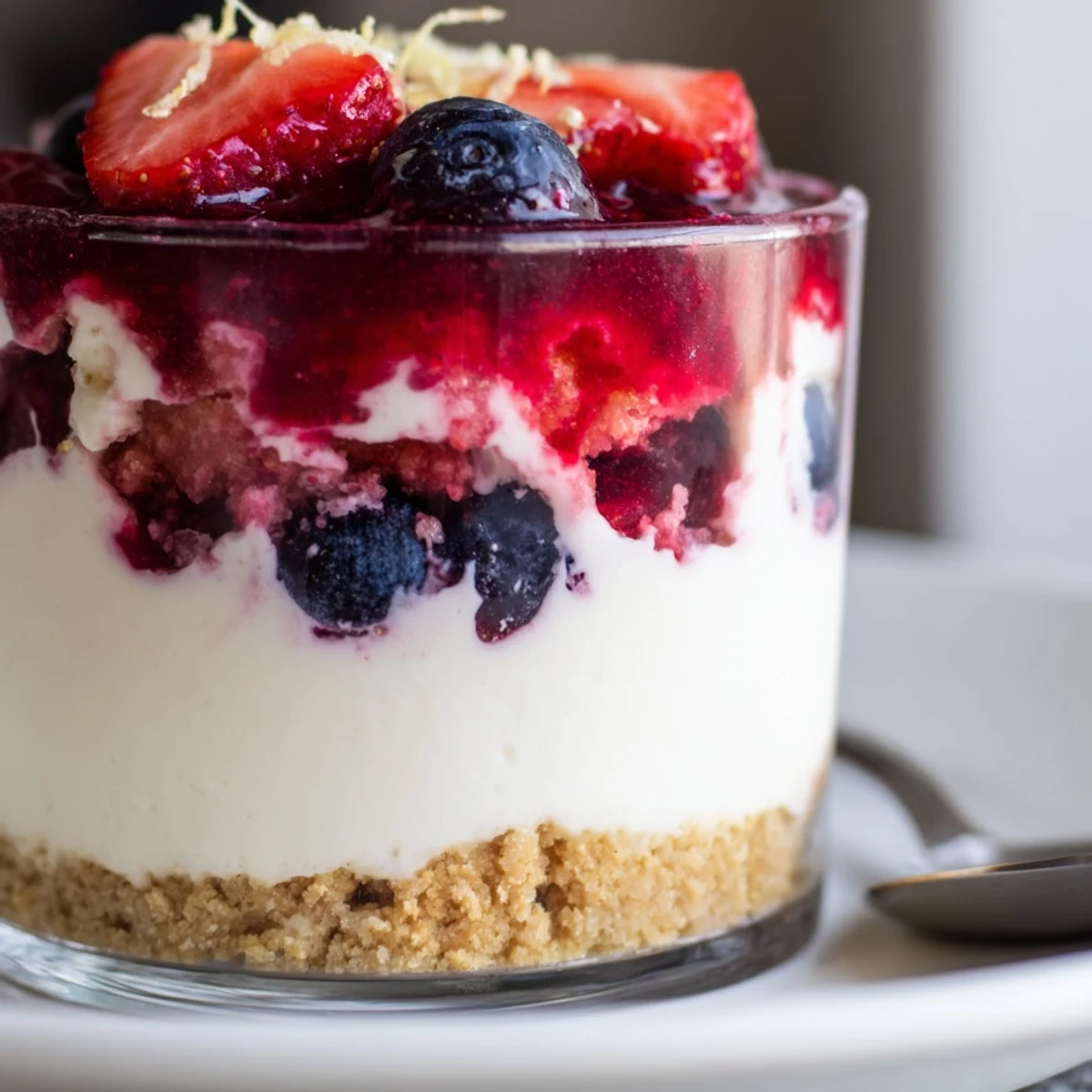 Berry No Bake Cheesecakes chilled in glasses topped with glossy mixed berry compote