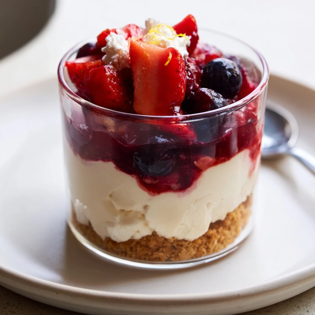 Individual Berry No Bake Cheesecakes with crunchy graham crust and tangy berries