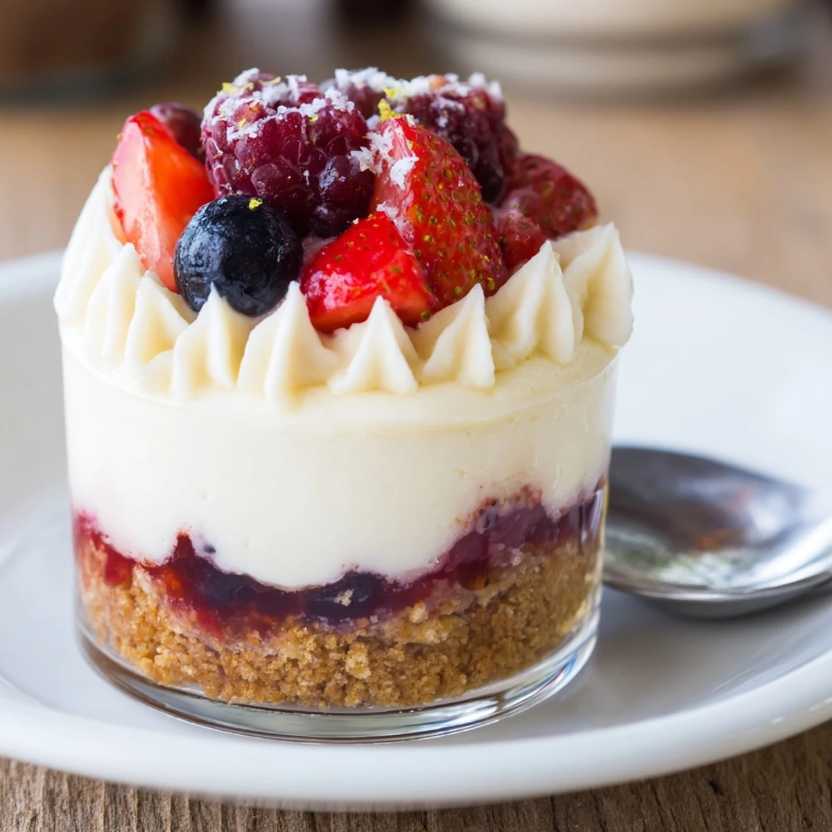 Creamy Berry No Bake Cheesecakes spoon-ready, garnished with sugared strawberries and lemon zest