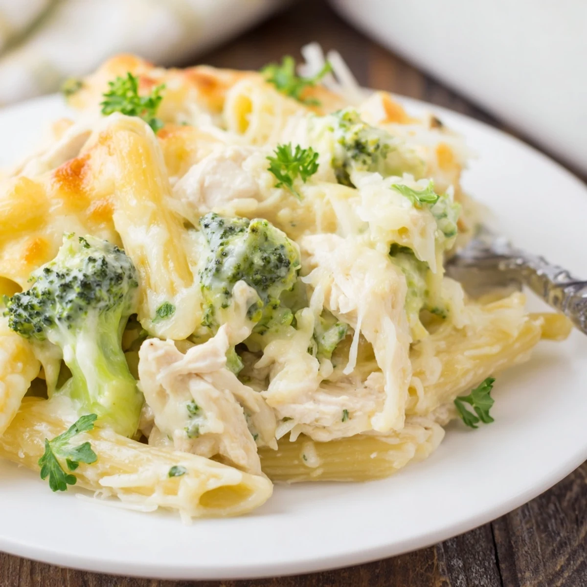 Golden cheesy Chicken Broccoli Alfredo Bake fresh from oven, bubbling and fragrant