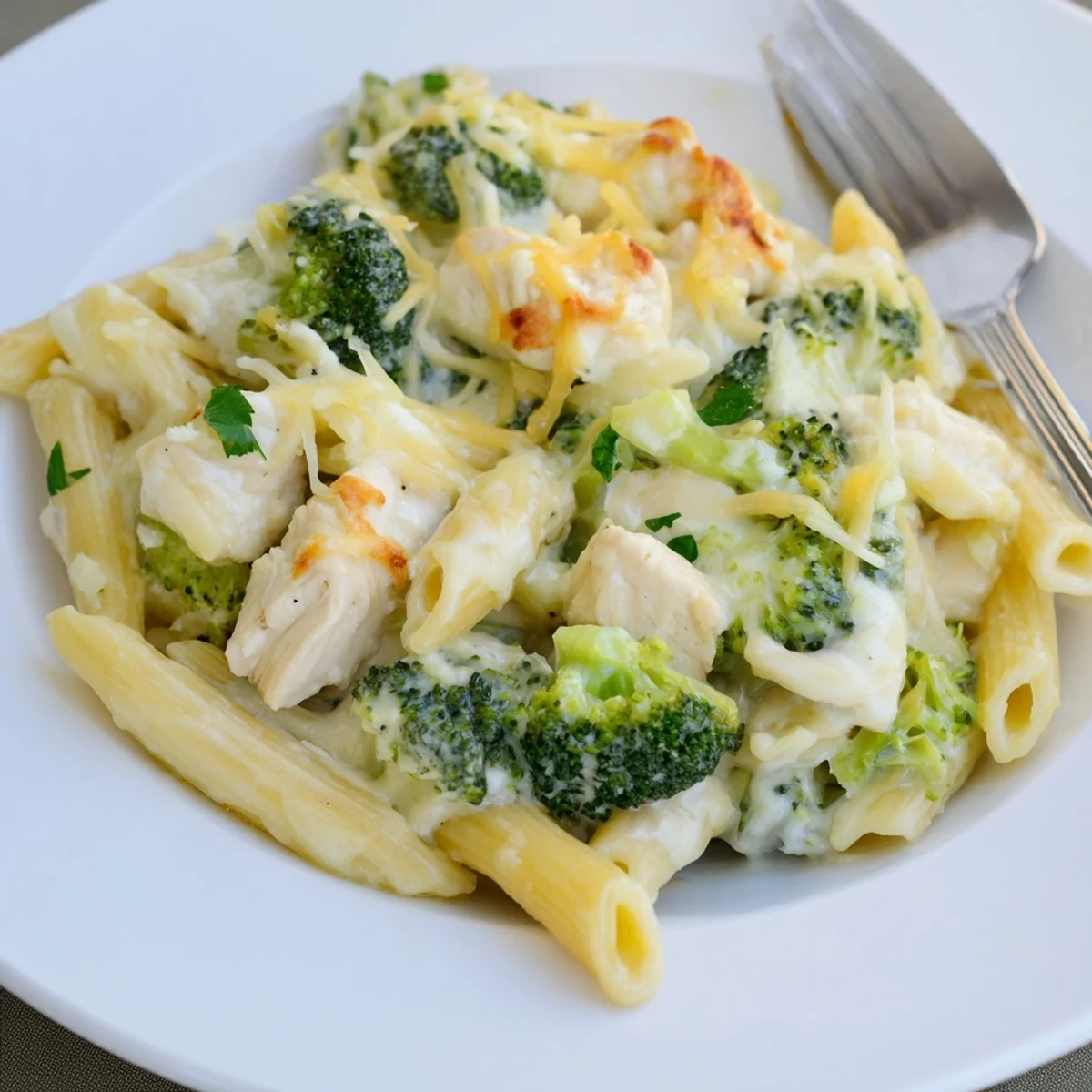 Bubbly, browned top on Chicken Broccoli Alfredo Bake, ready to slice