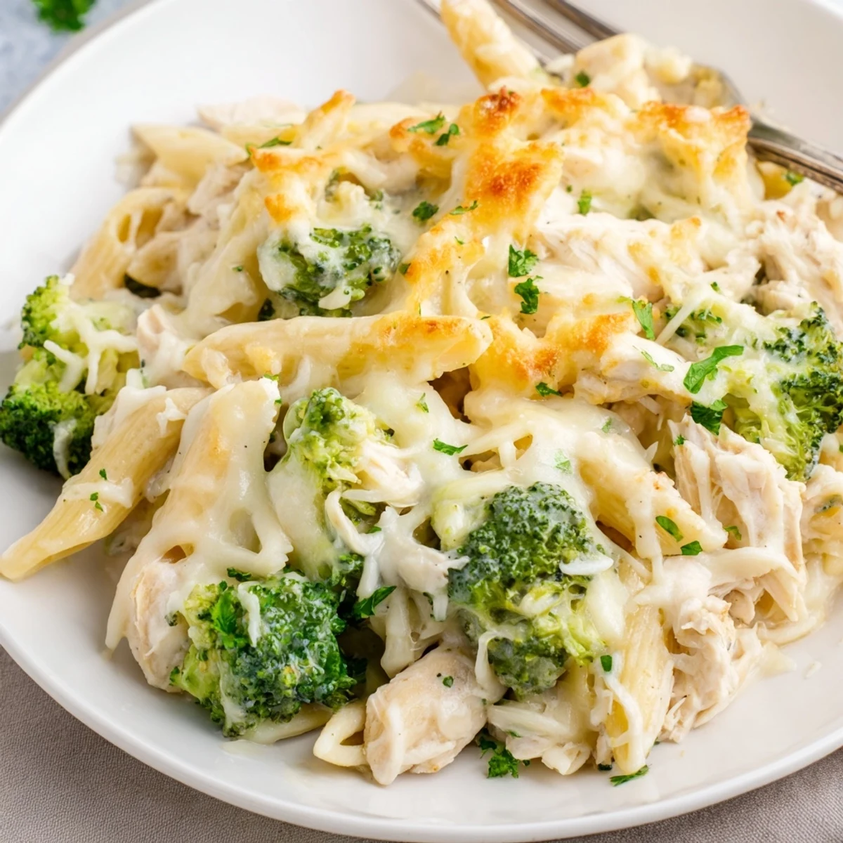 Creamy Chicken Broccoli Alfredo Bake served with garlic bread and parsley garnish