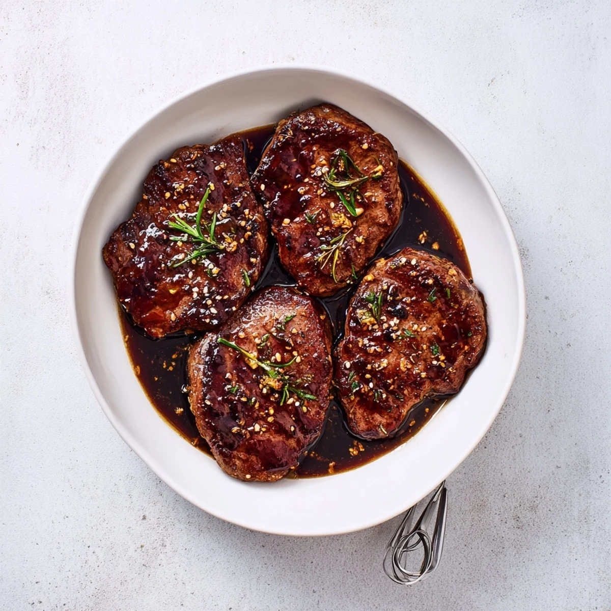 Steak Marinade glistening over raw ribeye, garlicky, tangy, ready for grilling