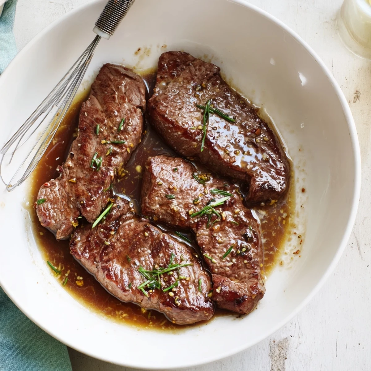 Steak Marinade brushed onto sirloin before searing, glossy, savory aroma
