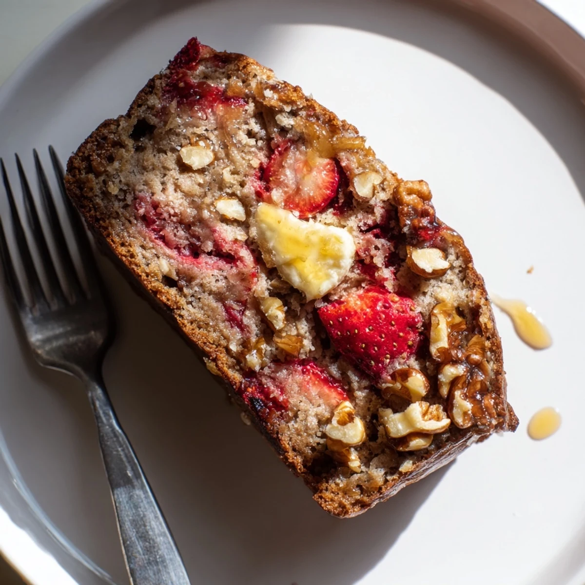 Moist, golden loaf of Strawberry Banana Bread Recipe cooling on a rack.