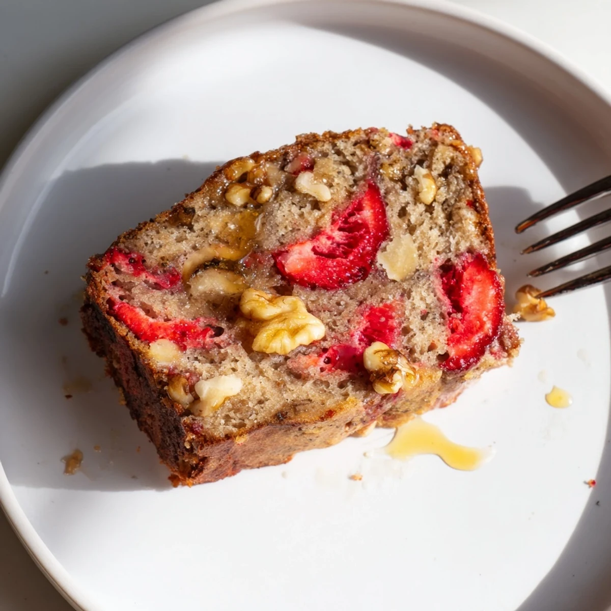 Warm slice of Strawberry Banana Bread Recipe dotted with strawberries, served with butter.