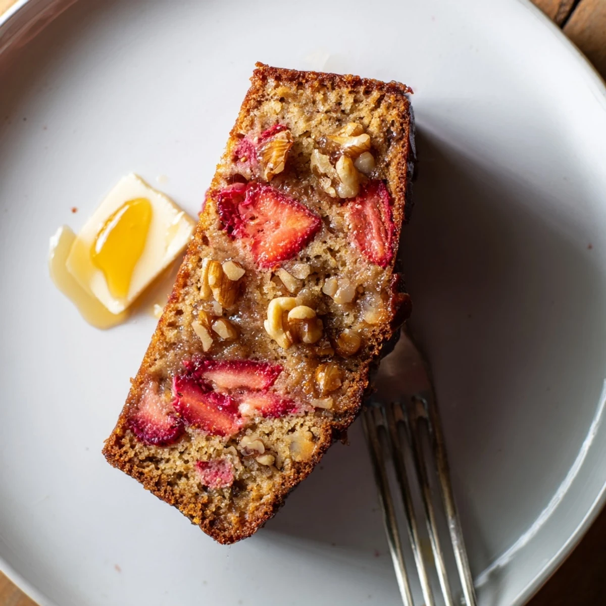 Fresh-baked Strawberry Banana Bread Recipe in loaf pan, fragrant with vanilla and fruit.