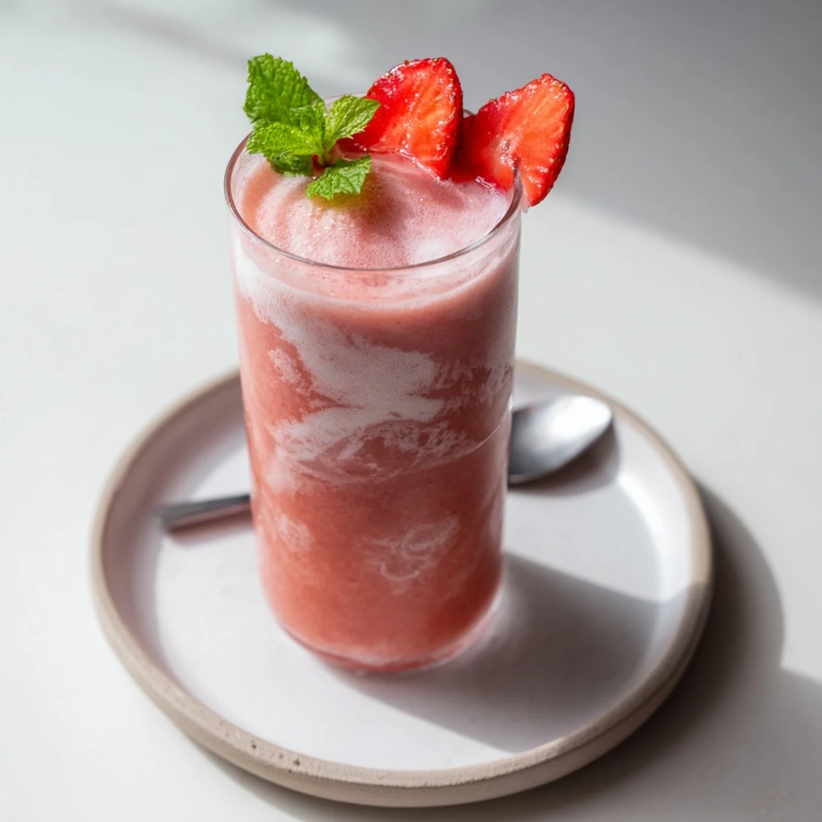 Frothy Strawberry Coconut Cooler Recipe topped with mint and sliced strawberries  