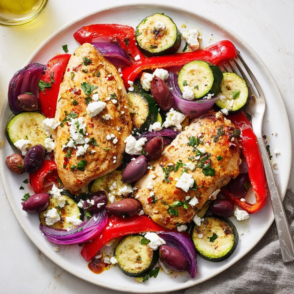 Sheet Pan Mediterranean Chicken Zucchini with golden roasted vegetables, olives, and feta