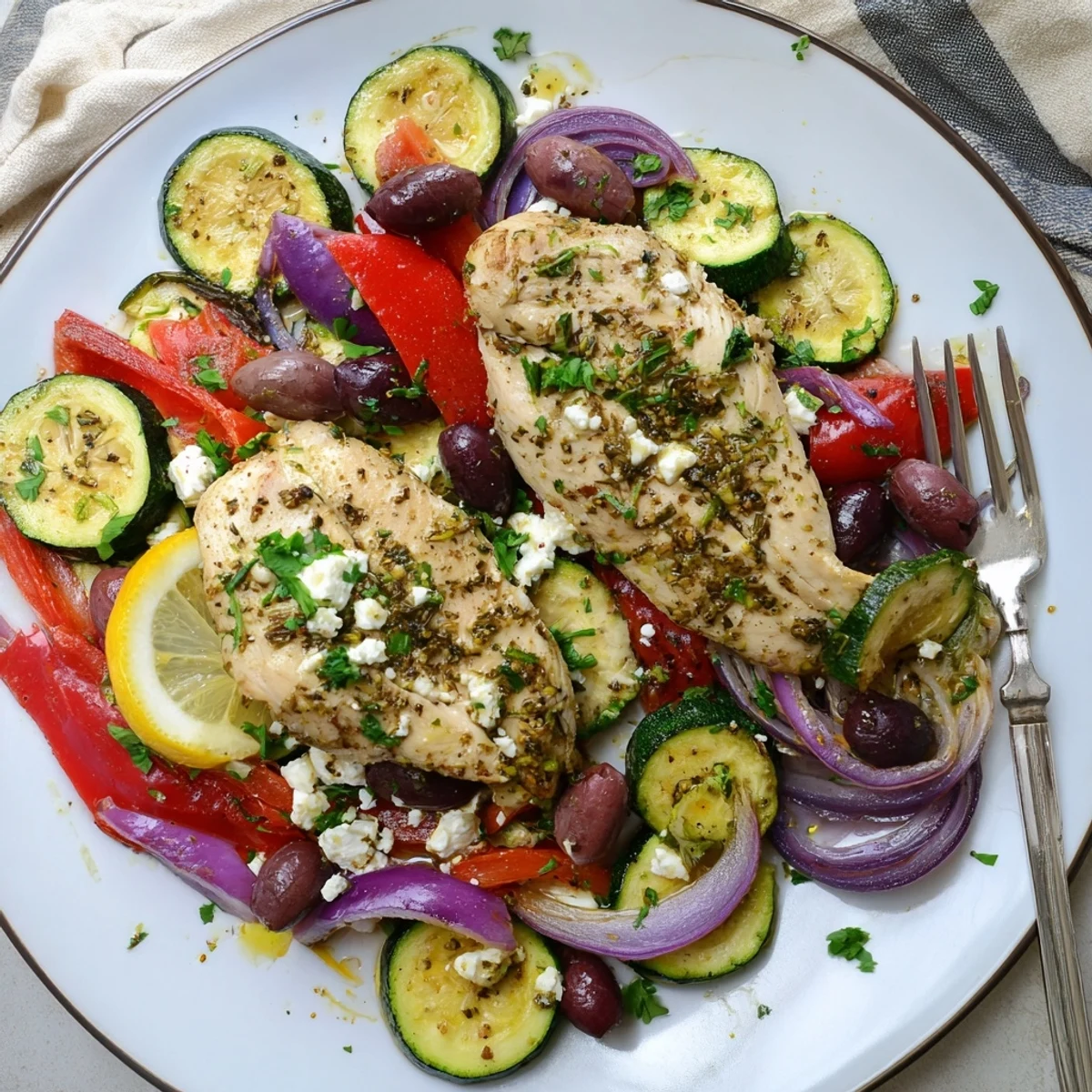 Roasted Sheet Pan Mediterranean Chicken Zucchini steamy, lemony juices spooned over