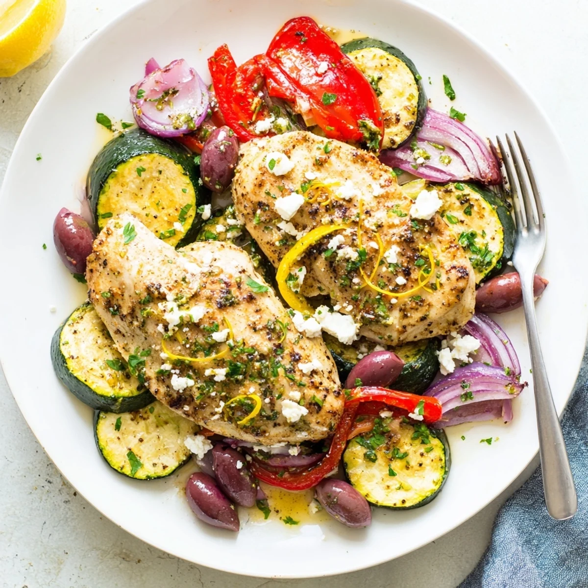 Family style Sheet Pan Mediterranean Chicken Zucchini tender chicken, zucchini slices, parsley garnish