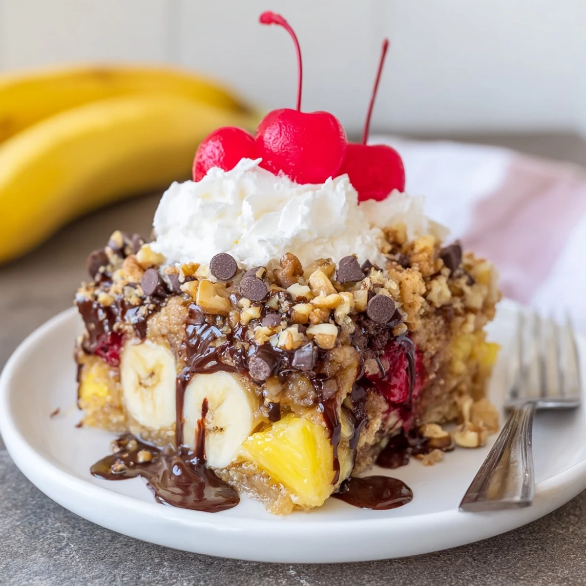 Warm Banana Split Dump Cake bubbling in a dish, bananas, cherries, chocolate