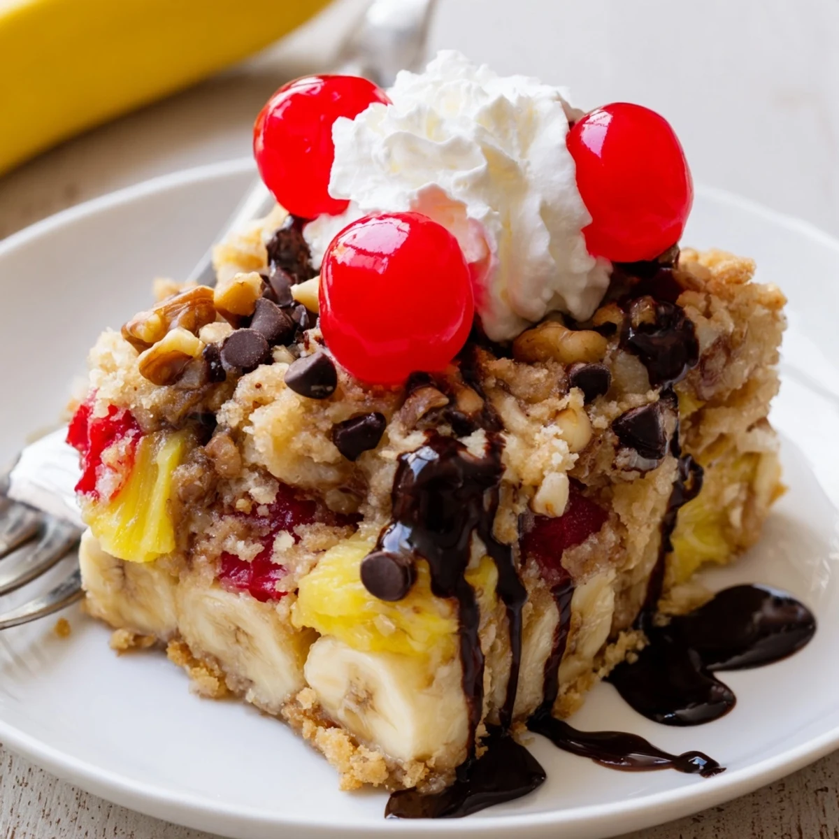 Banana Split Dump Cake served warm with vanilla ice cream and whipped cream