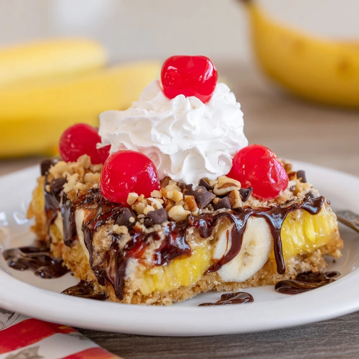 Sliced bananas and melted chocolate topping a freshly baked Banana Split Dump Cake