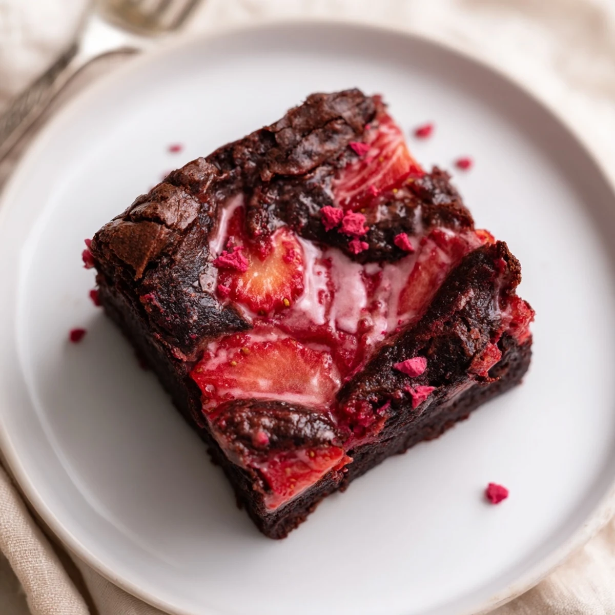 Strawberry Brownies glazed with glossy pink strawberry icing, sliced on parchment.