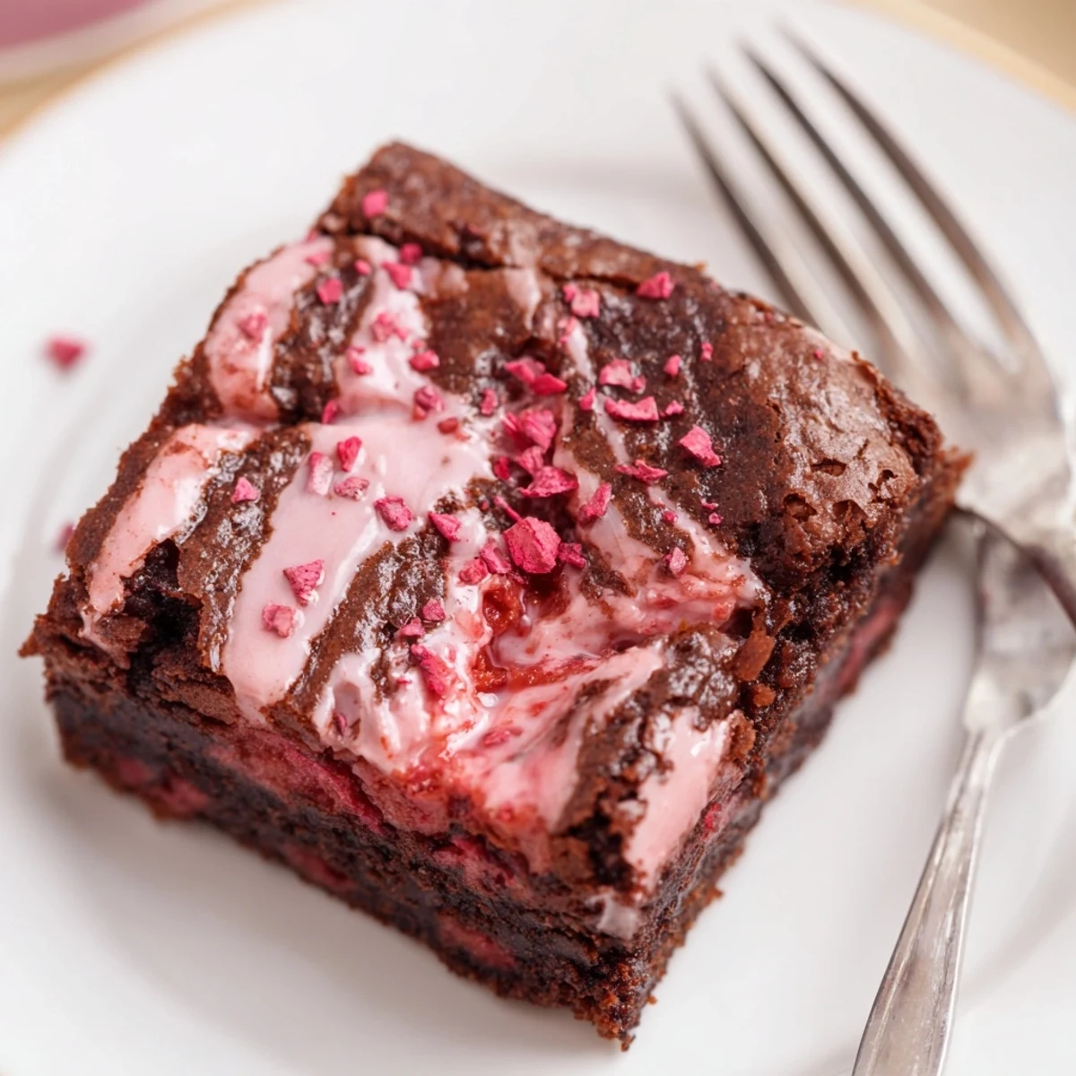 Warm Strawberry Brownies steaming slightly, fudgy centers and fresh strawberries nearby.