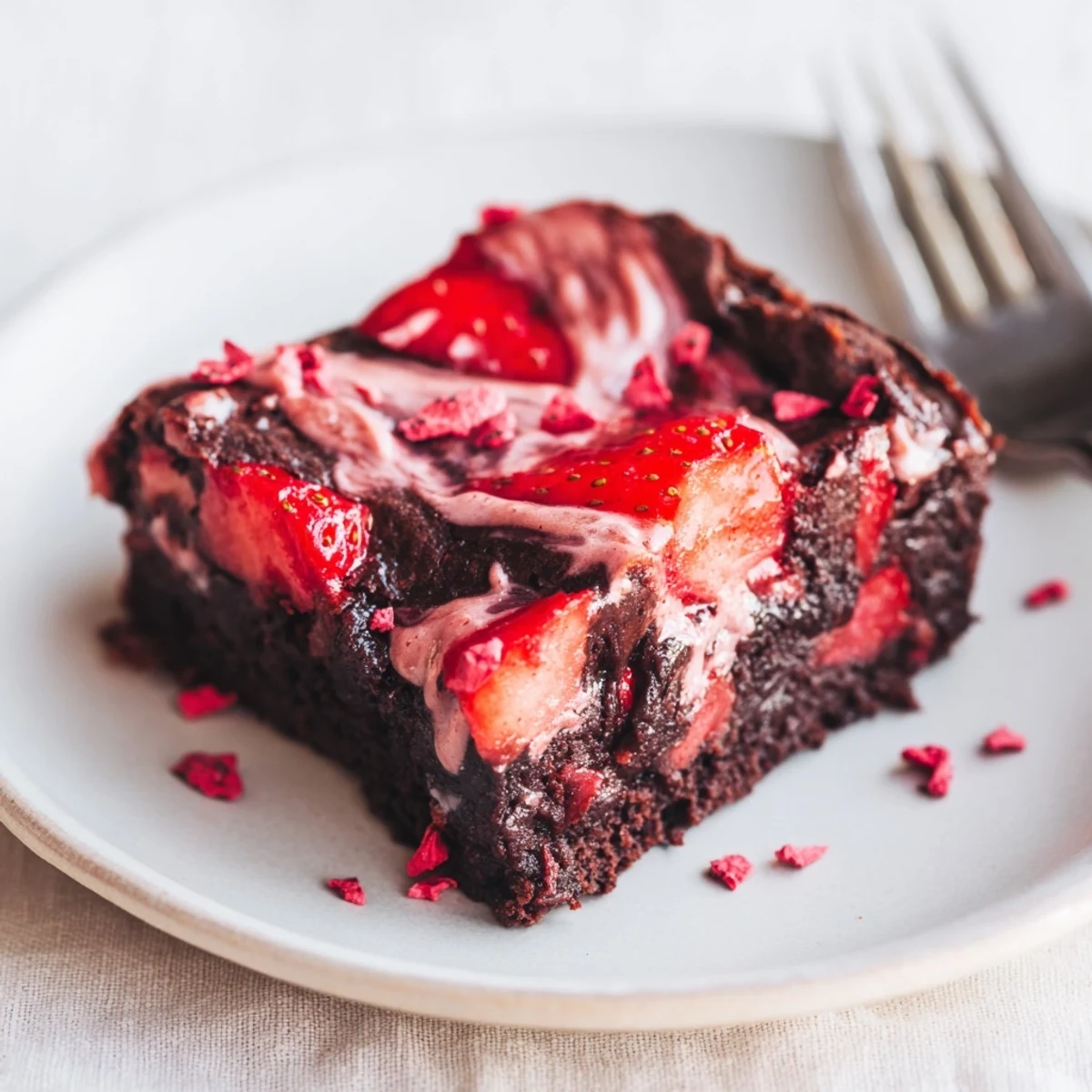 A tray of chilled Strawberry Brownies dusted with powdered sugar, ready for serving.