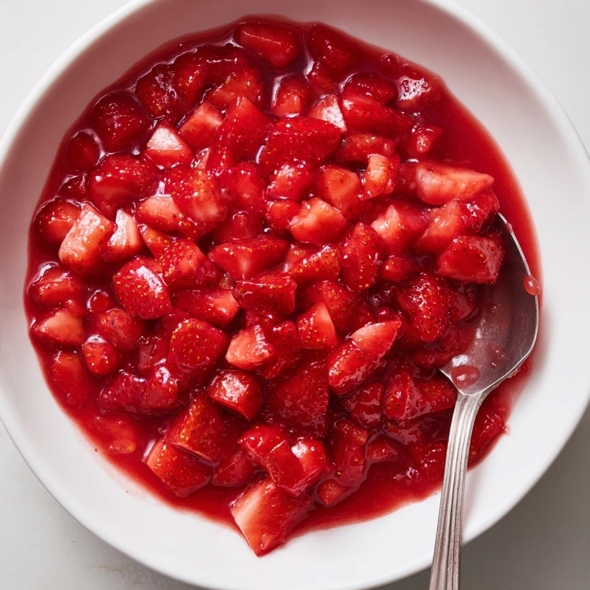 Glossy strawberry compote cooling in saucepan — Strawberry Cake Filling Recipe for layering