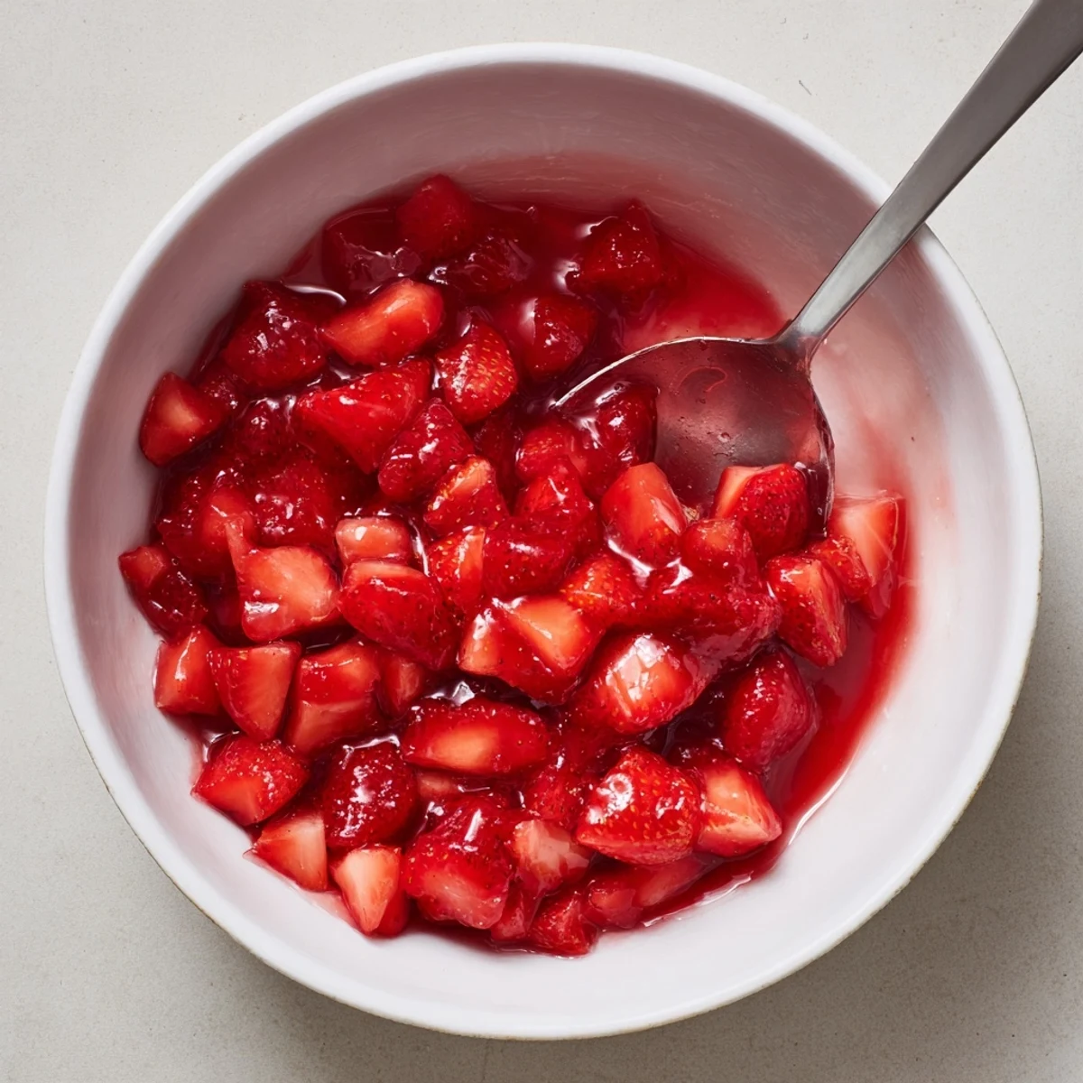 Thickened, ruby red spread spooned into bowl, Strawberry Cake Filling Recipe for cupcakes
