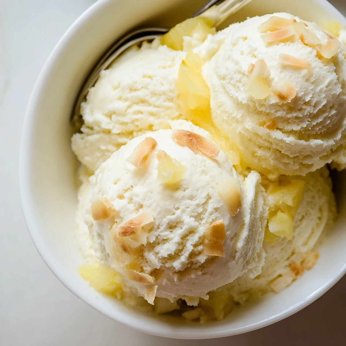 Homemade Creamy Pineapple Ice Cream spoonfuls melting slightly, bright tropical flavor