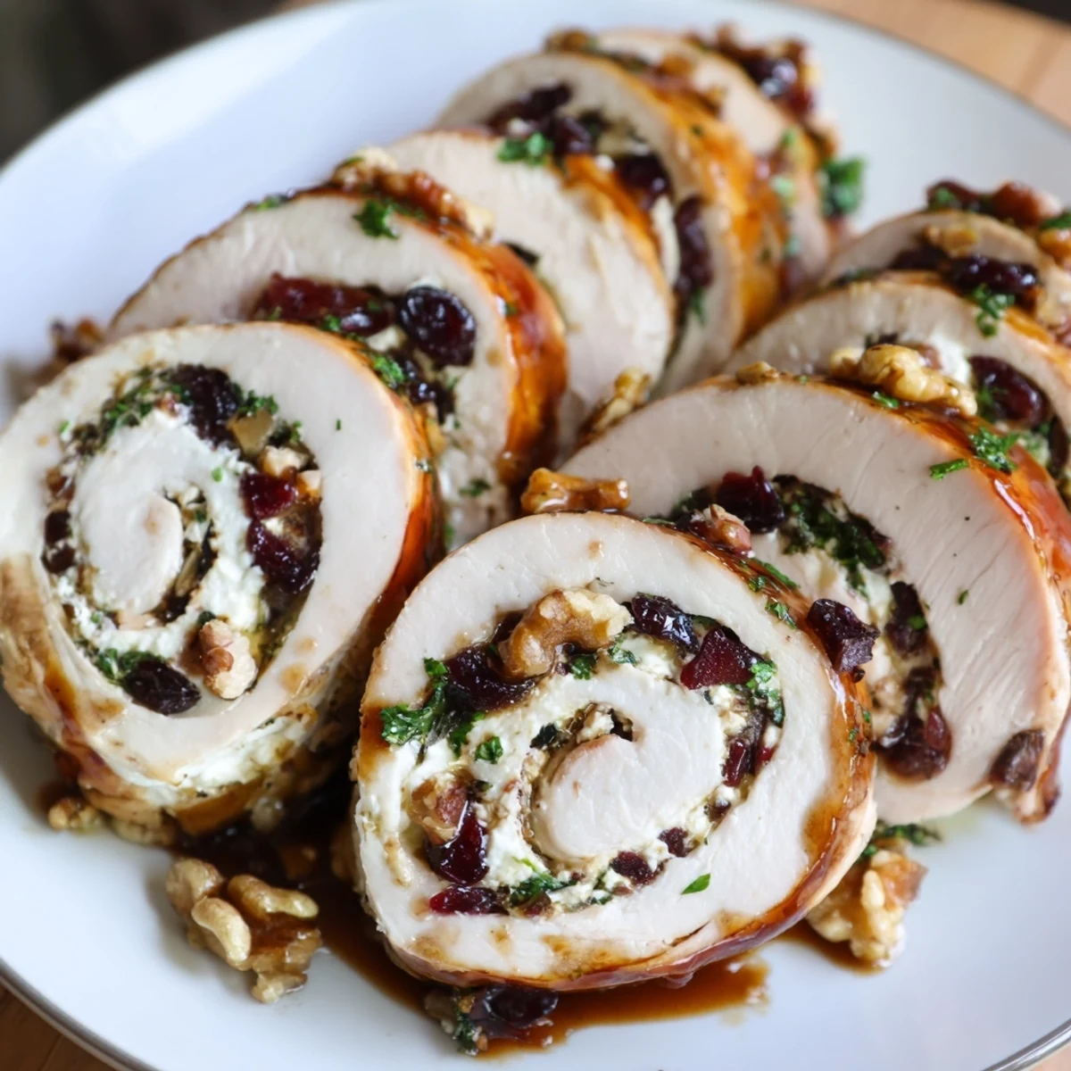 Golden roasted turkey breast slices revealing creamy goat cheese and bright cranberry swirls on a white serving plate