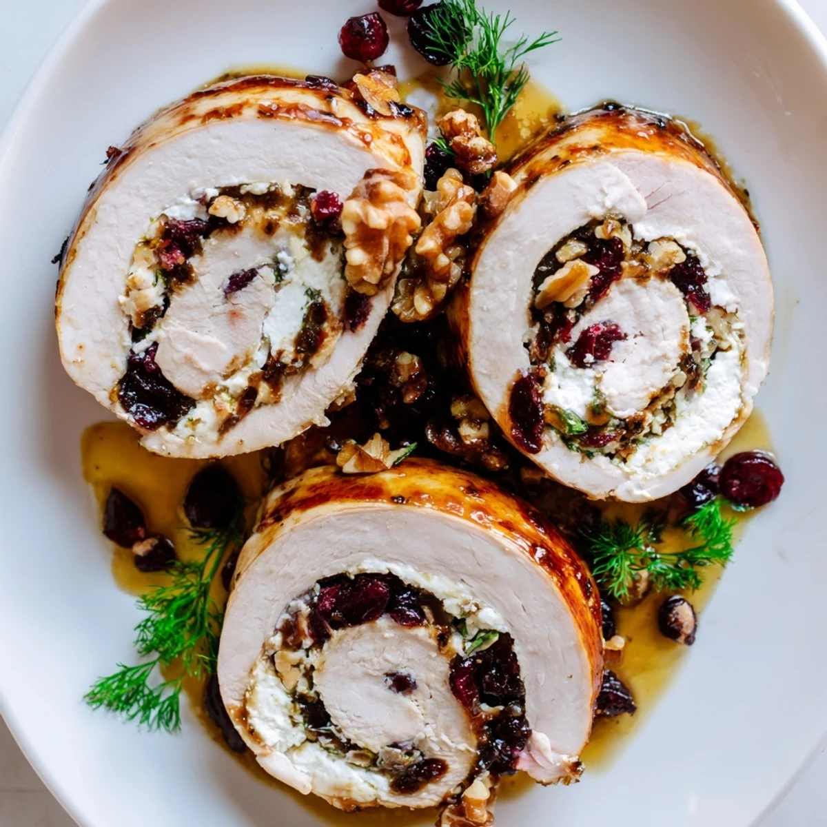 Succulent cranberry goat cheese stuffed turkey breast glistening with honey mustard glaze, garnished with fresh parsley