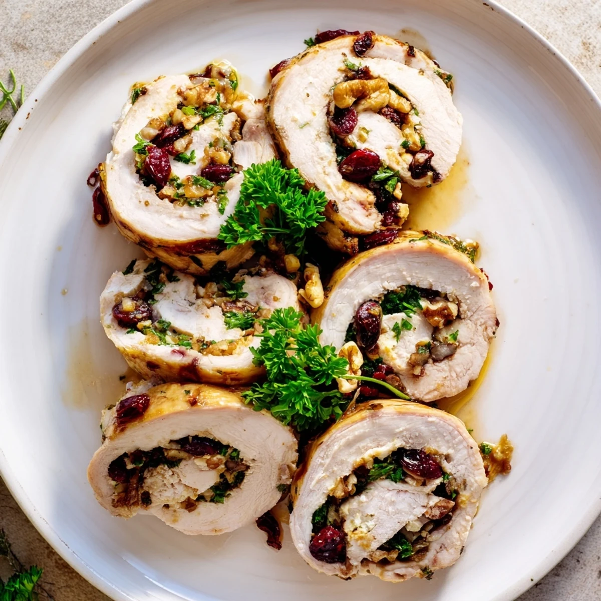 Carved medallions of stuffed turkey breast showcasing the tangy cranberry goat cheese filling against a rustic wooden cutting board