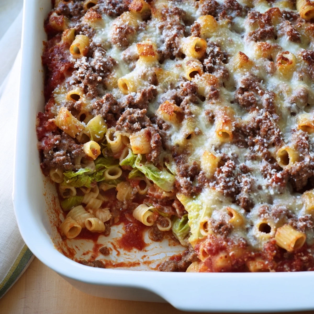 Golden bubbly cabbage roll pasta bake with melted mozzarella and beef tomato sauce layers