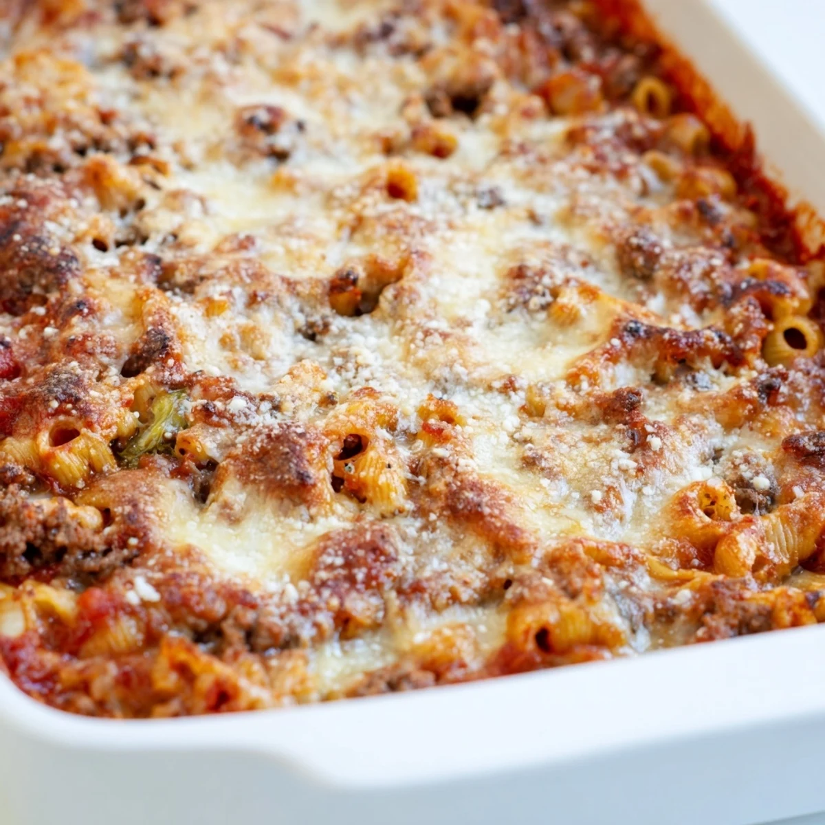 Hearty beef and cabbage pasta casserole fresh from oven with steam rising from cheesy top