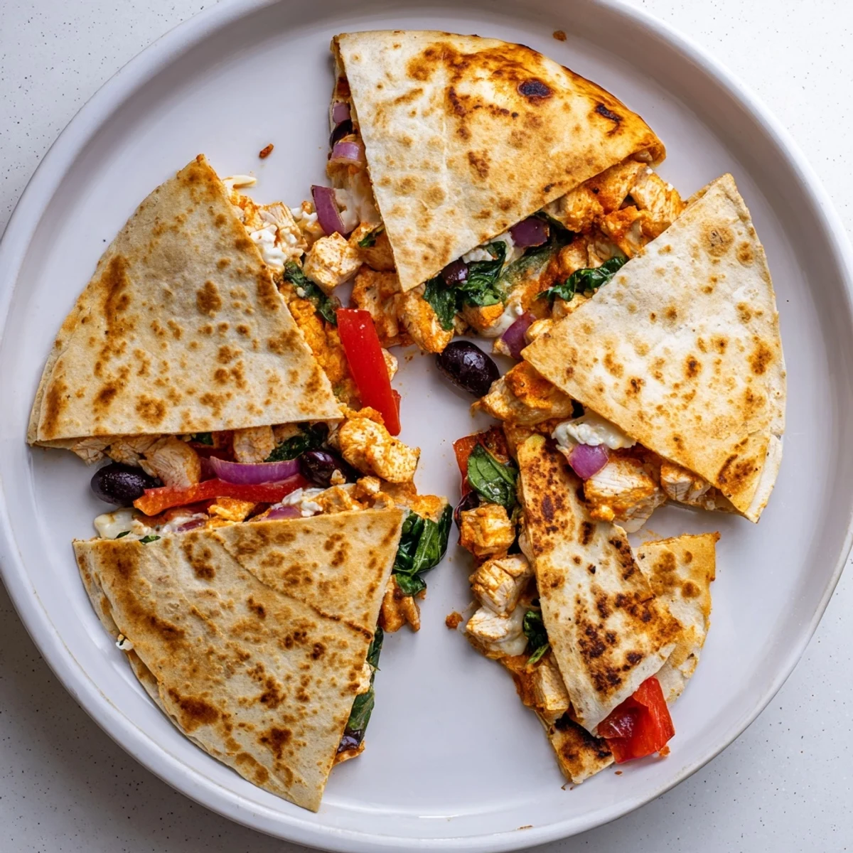 Golden Greek chicken quesadillas featuring melty mozzarella and feta cheese with Mediterranean vegetables