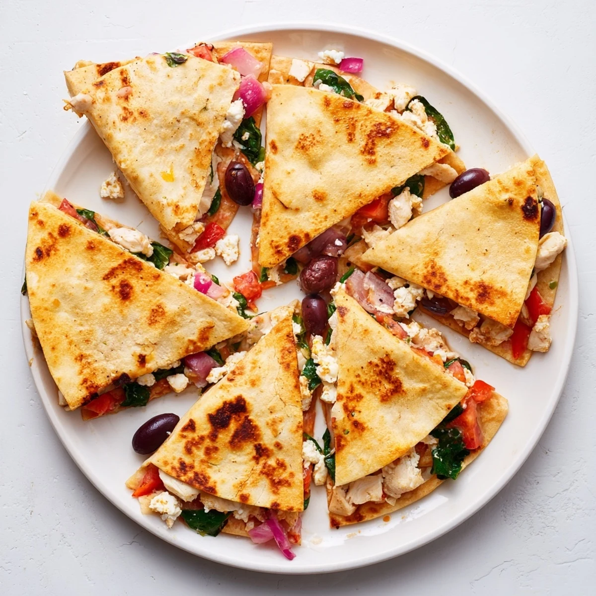 Crispy tortilla quesadillas stuffed with seasoned Greek chicken, roasted peppers, and olives on a plate