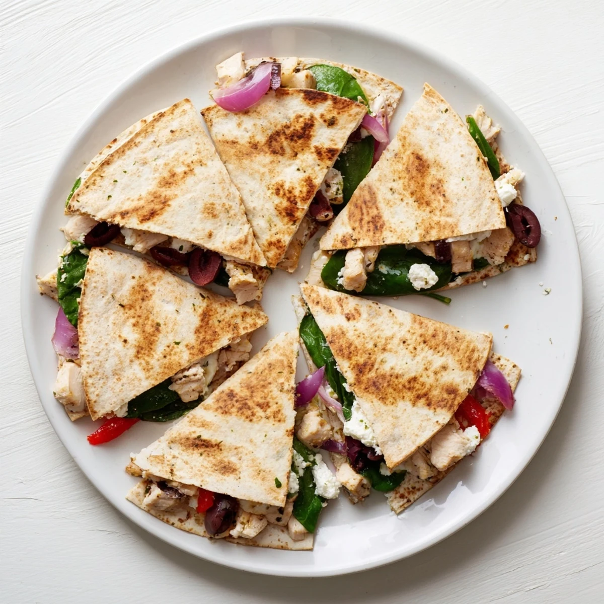 Delicious Greek chicken quesadillas sliced into wedges revealing juicy chicken and melted cheese inside