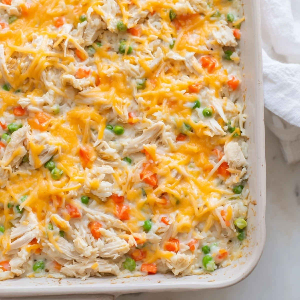 Golden cheesy chicken and rice casserole bubbling in a baking dish with melted cheddar topping