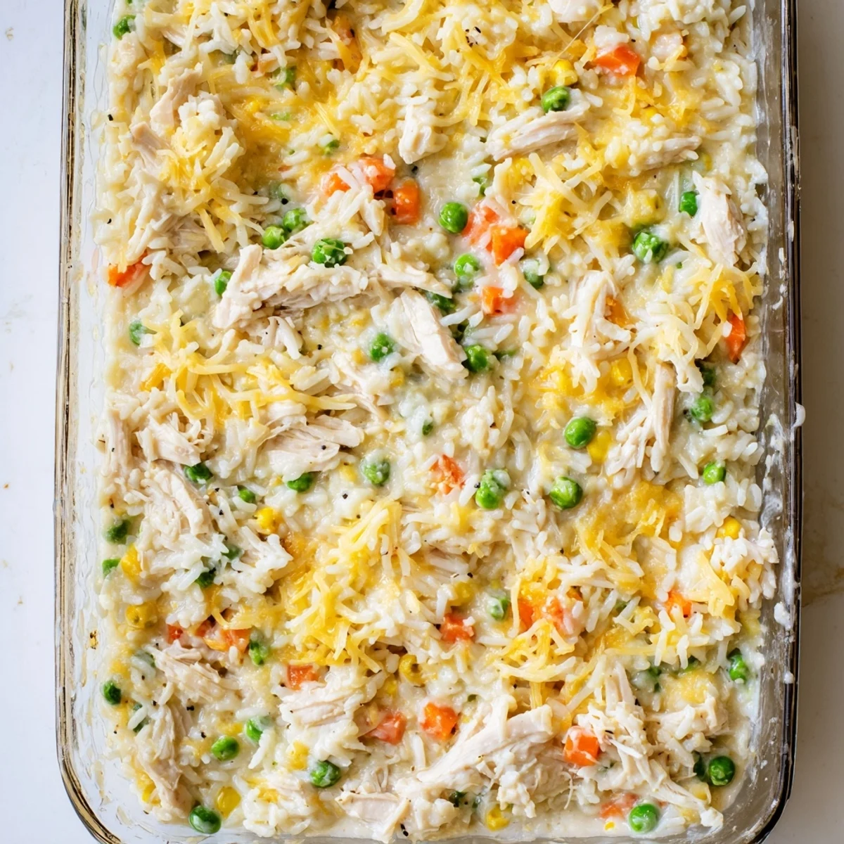 Comforting chicken and rice casserole with rich creamy sauce and golden brown cheese crust