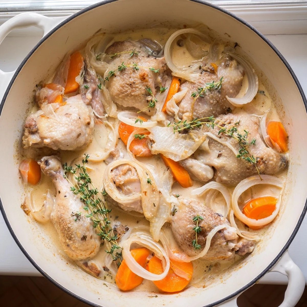 Golden brown chicken pieces simmer in creamy French cider sauce with tender apple slices and carrots in a rustic casserole dish