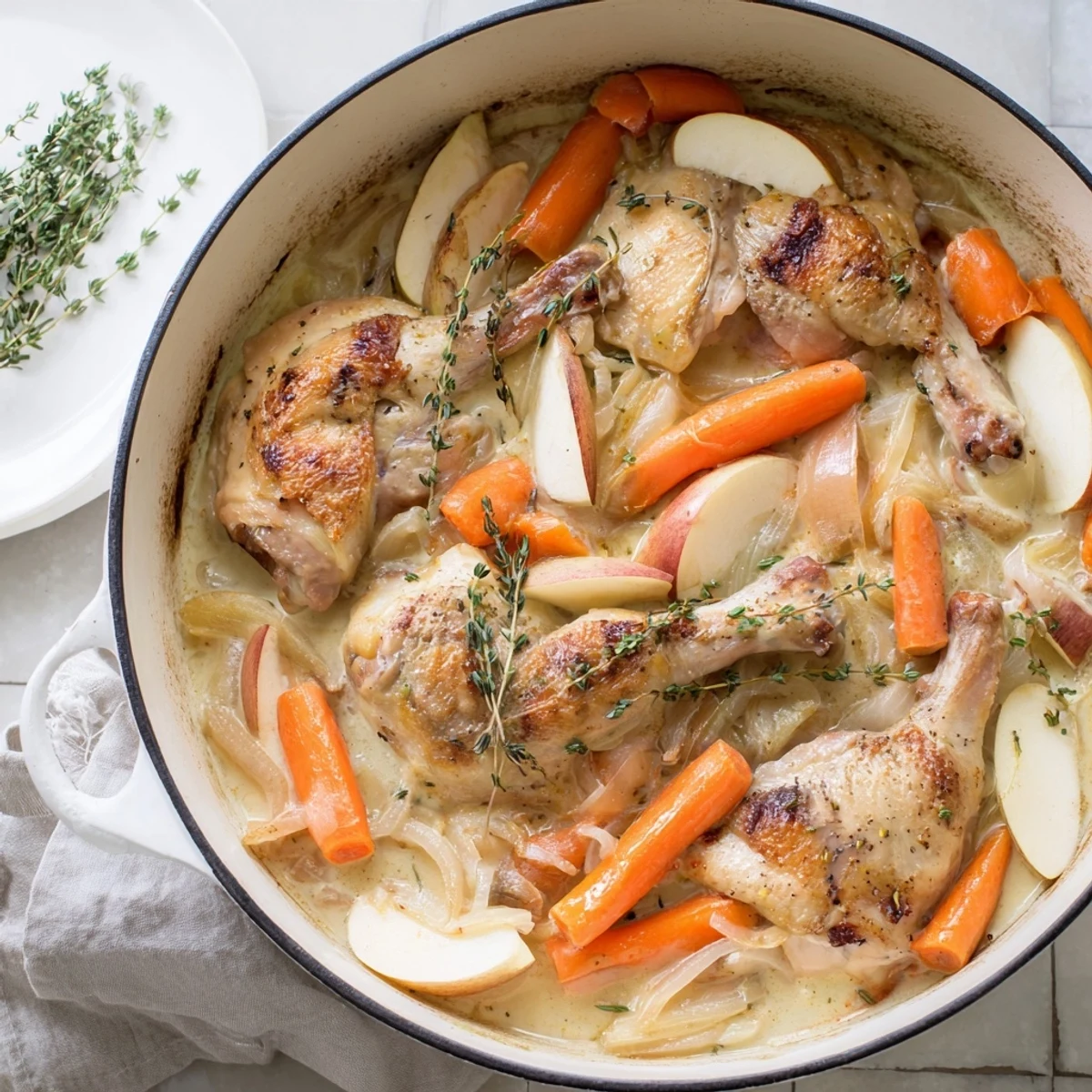 Tender braised chicken thighs and apples nestled in rich Calvados cream sauce, garnished with herbs in a Dutch oven