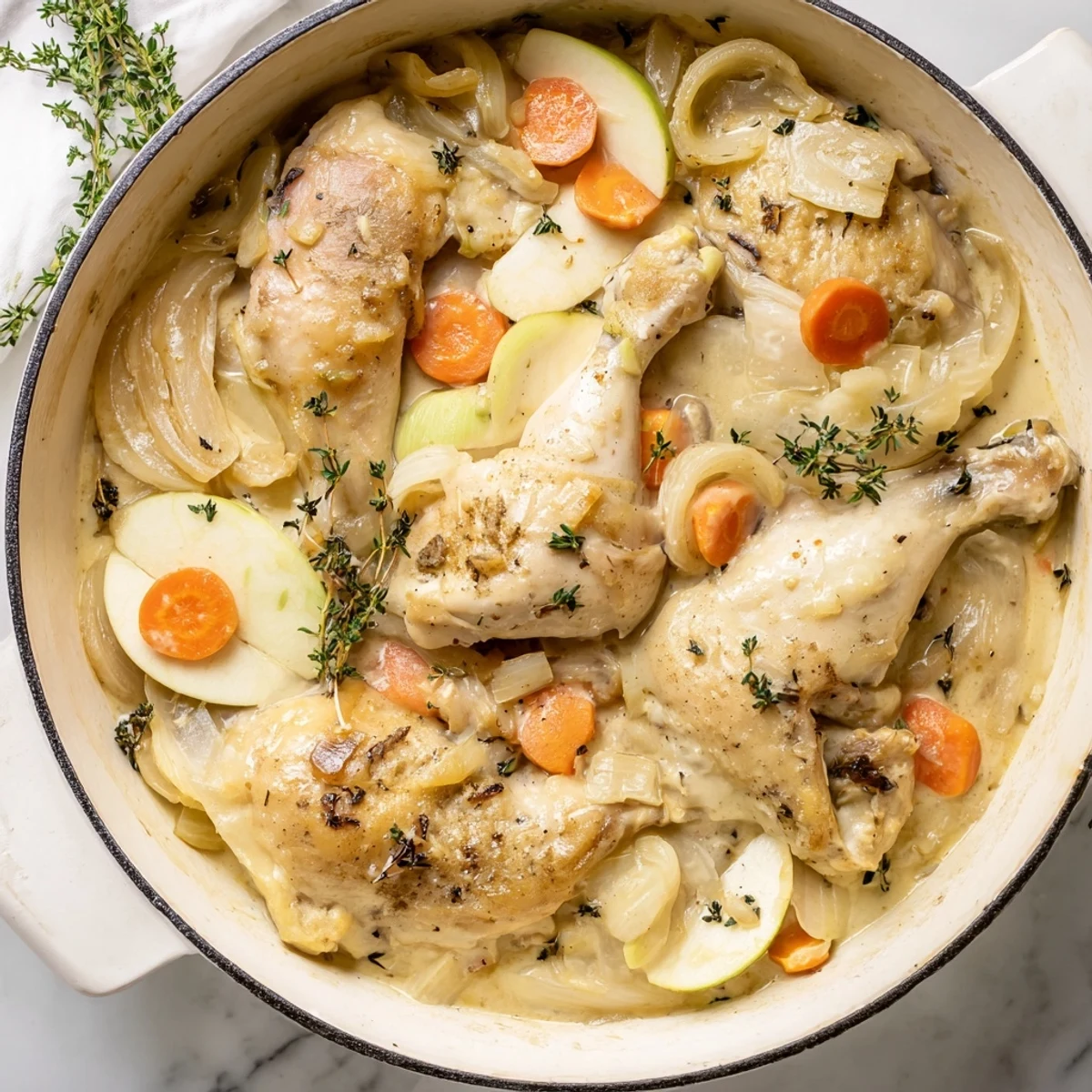 French Chicken Casserole à la Normande served bubbling hot with golden skin, caramelized apples, and fresh thyme sprigs
