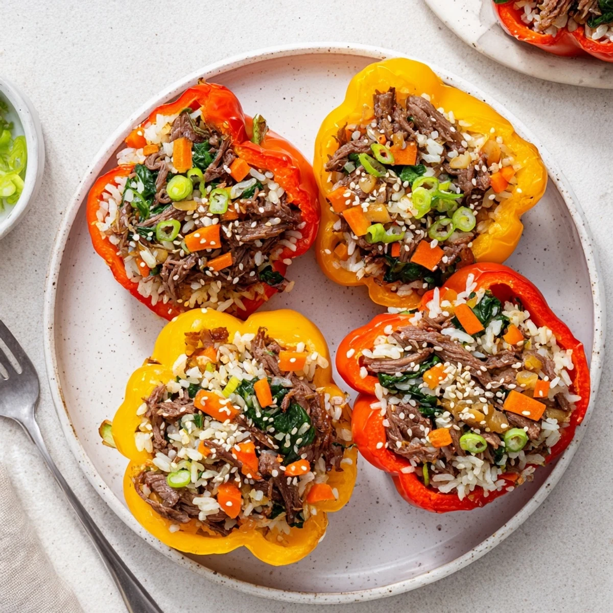 Golden roasted Korean beef bulgogi stuffed bell peppers topped with sesame seeds and fresh scallions on a white plate