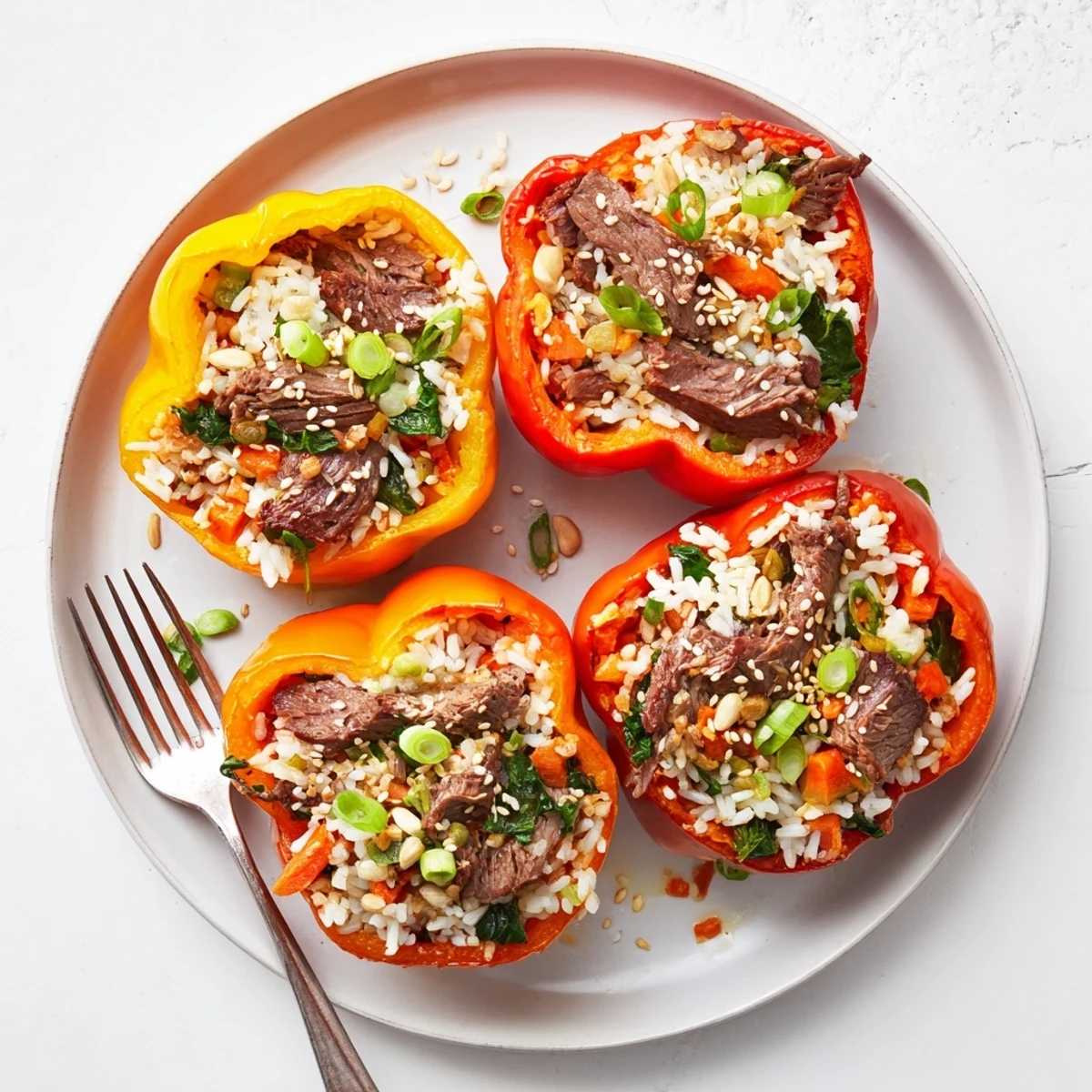 Savory marinated beef and fluffy rice overflowing from colorful baked bell peppers garnished with green onions