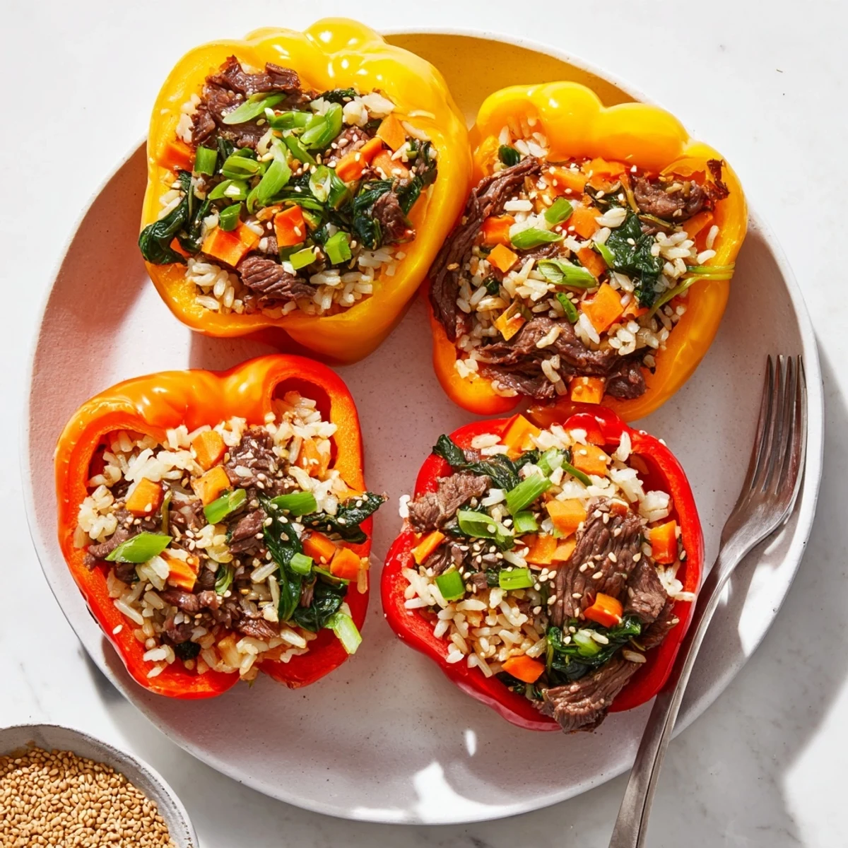 Fusion dish featuring tender bulgogi beef stuffed inside tender roasted peppers served on rustic wooden surface