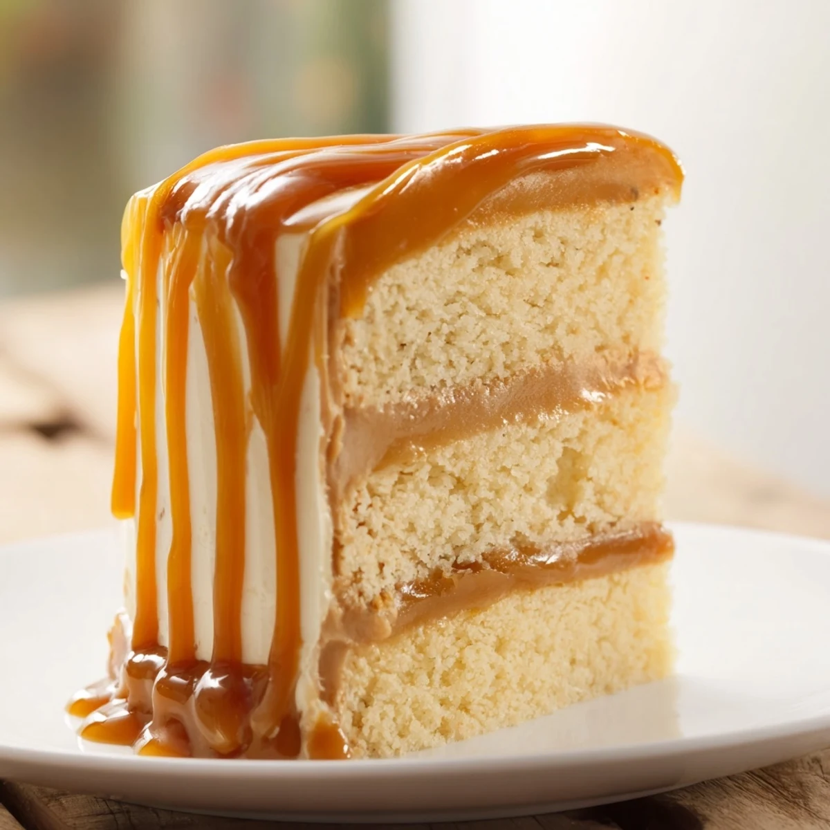 Decadent three-layer caramel cake topped with smooth caramel frosting and an amber glossy glaze