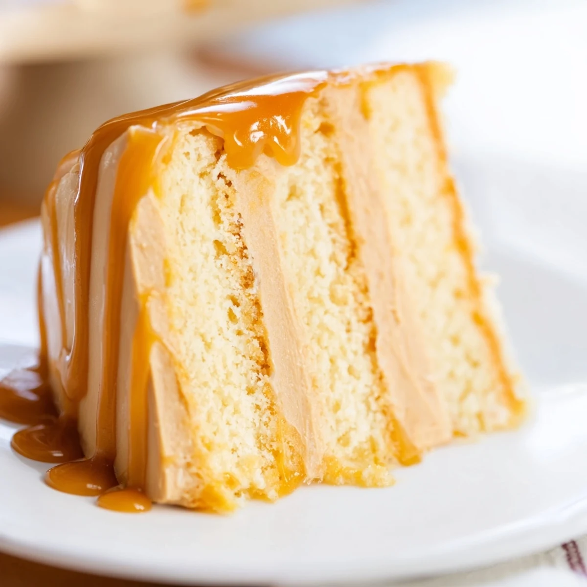 Golden brown caramel cake with silky frosting and glossy caramel drizzle on a white serving plate