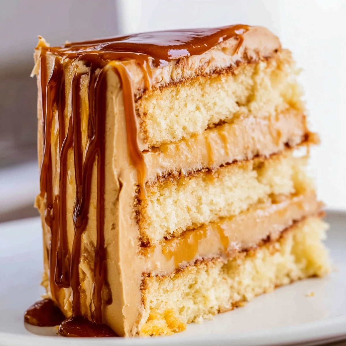 Rich layered caramel cake slice showing moist crumb with buttery caramel frosting dripping down the sides