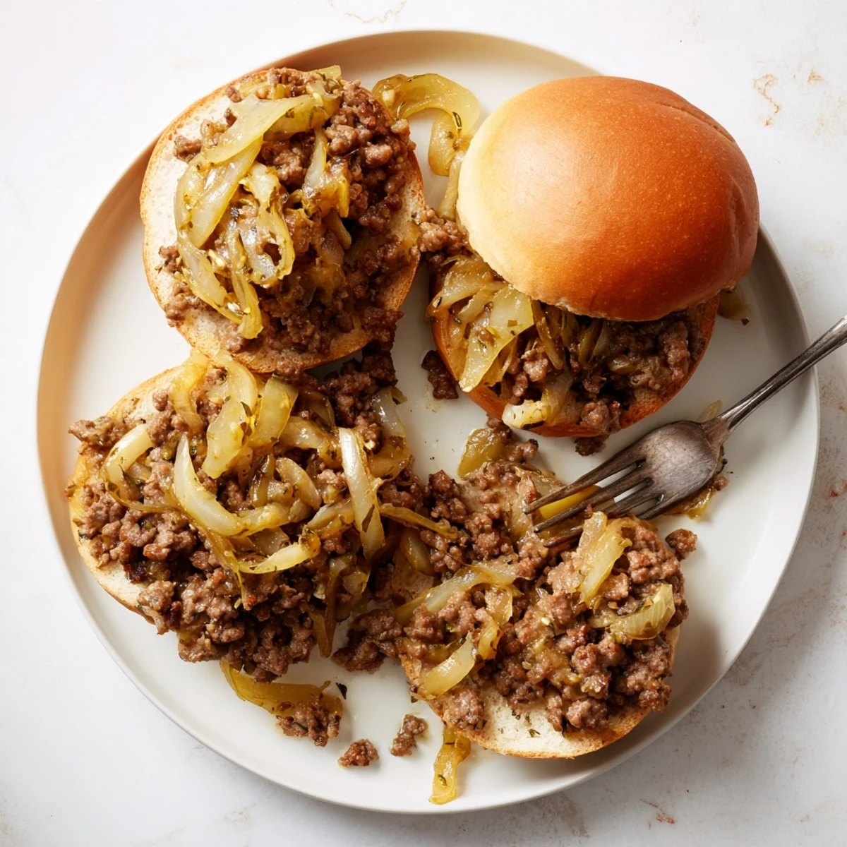 Golden brown caramelized onions and ground beef piled on toasted buns with melted provolone cheese