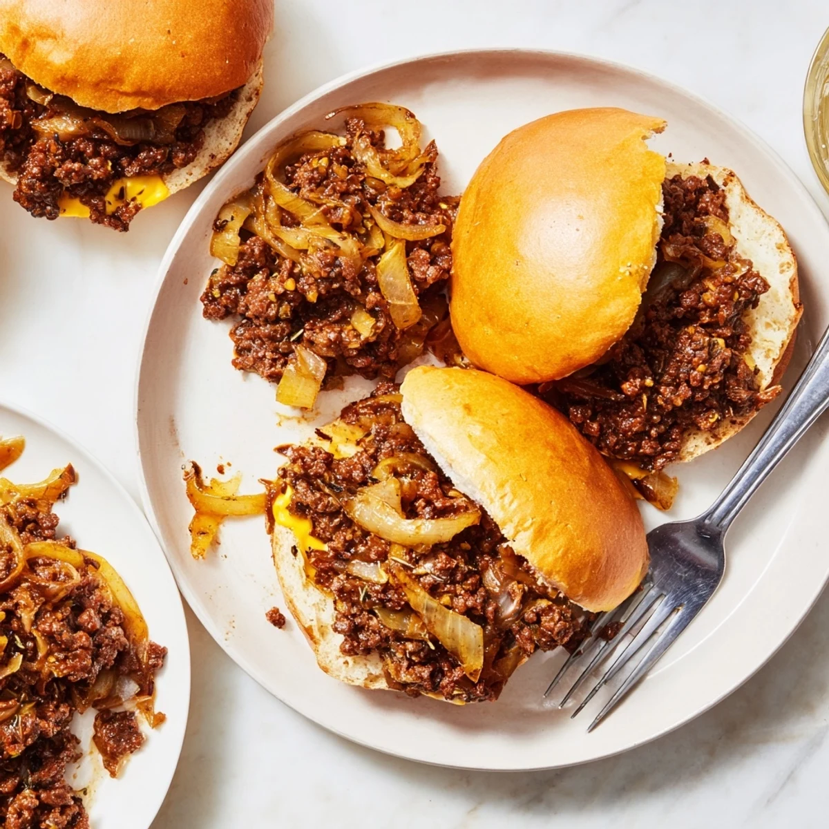 Open-faced sloppy joe sandwich with savory ground beef caramelized onions and gooey melted cheese topping
